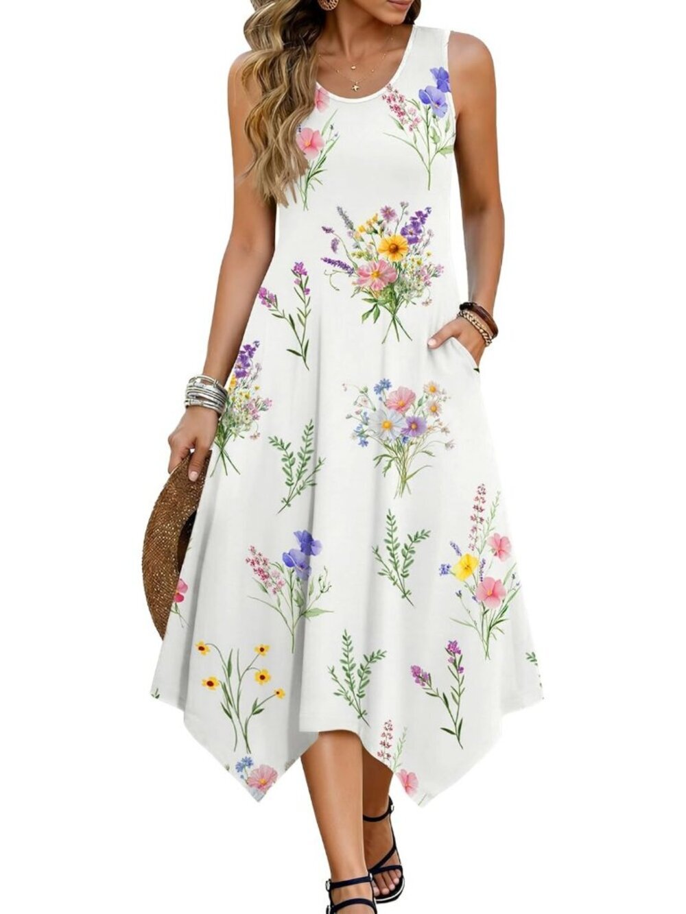 Hotouch Women's Floral White Stylish Sleeveless Sundress Hankerchief Beach Dress